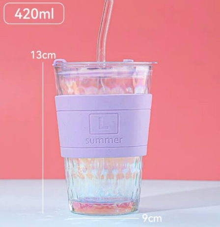 Textured Summer Fashion Iridescent Glass Tumbler with Spill-Proof and Silicone Sleeve
