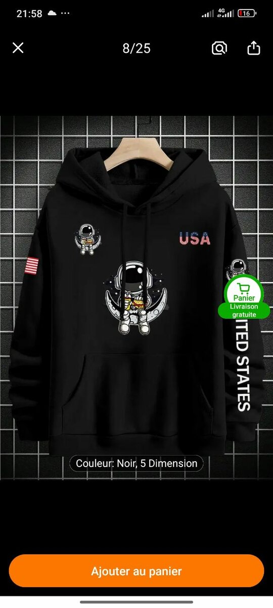 Sweat à capuche astronaute USA