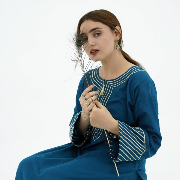 Zinc Blue Lawn Kurti with Golden Cord Embroidery
