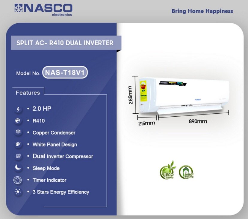 Nasco 2.0HP R410 Split Dual Inverter Air Conditioner NAS-T18
