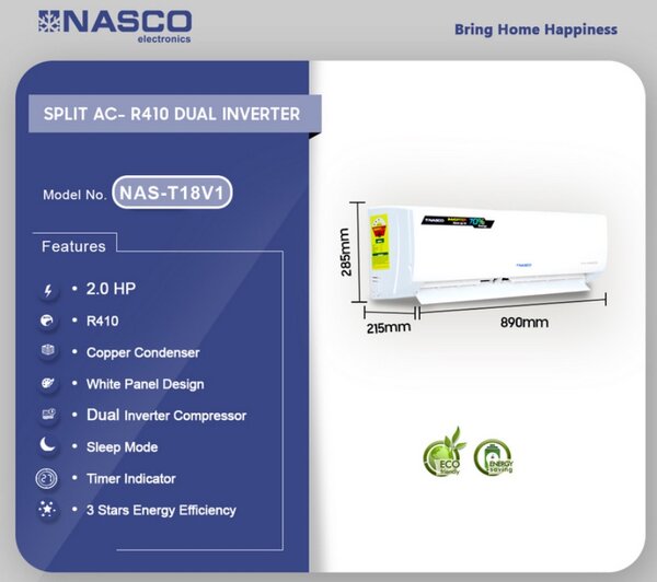 Nasco 2.0HP R410 Split Dual Inverter Air Conditioner NAS-T18