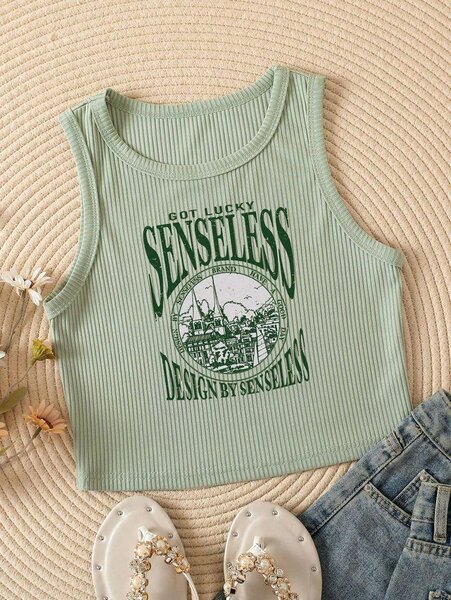 Débardeur Vert Côtelé Imprimé