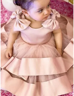 Fluffy Frock, With Bows, Layeres Princess, Birthday Party Wedding Dress,( Fabric Net And Silk) ( Size 03 Month To 10 Yrs)