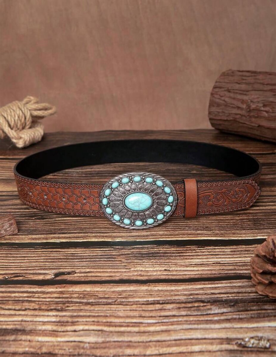 Ceinture cuir gravée avec boucle turquoise
