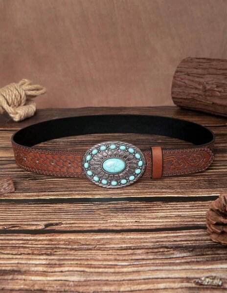 Ceinture cuir gravée avec boucle turquoise