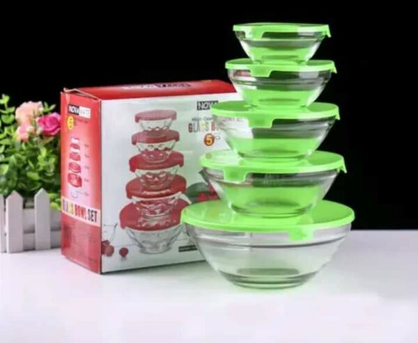 5 in 1 storage glass bowls with rubber lids