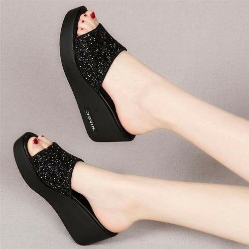 Fashion Shoes Ladies Fashion Wedge Heel Slippers - Black