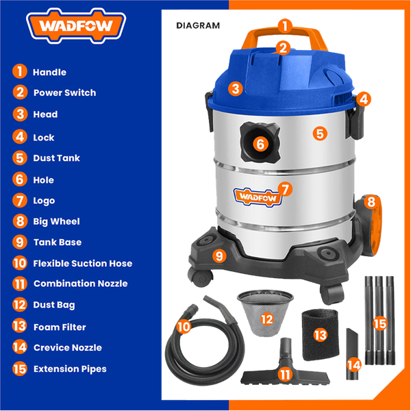 Aspirateur WADFOW 20L sec et humide