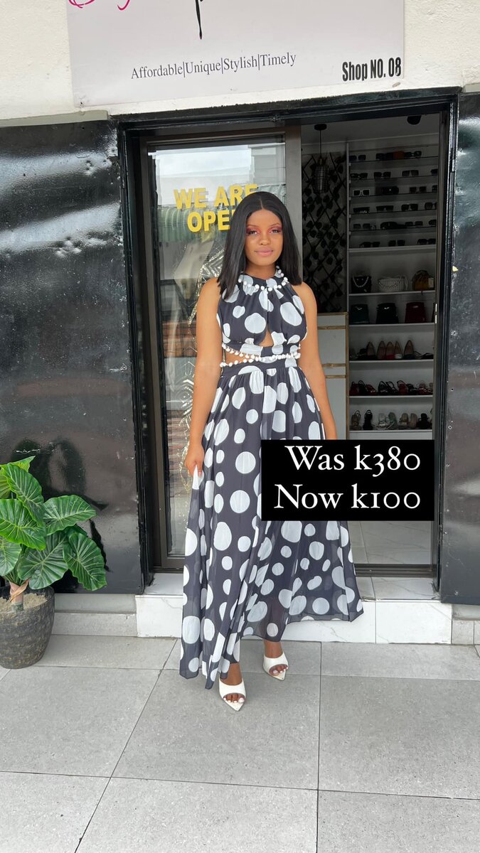 Long grey dress with white polka dots