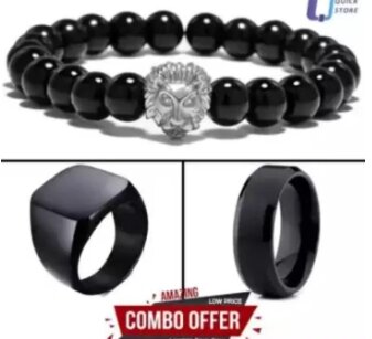 Fishion Black Combo of 2 Rings & 1 Bracelet for Men & Boys