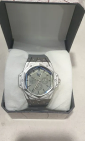 Elegant Silver-Toned GU Stainless Steel Watch with Multi-Function Chronograph Dial