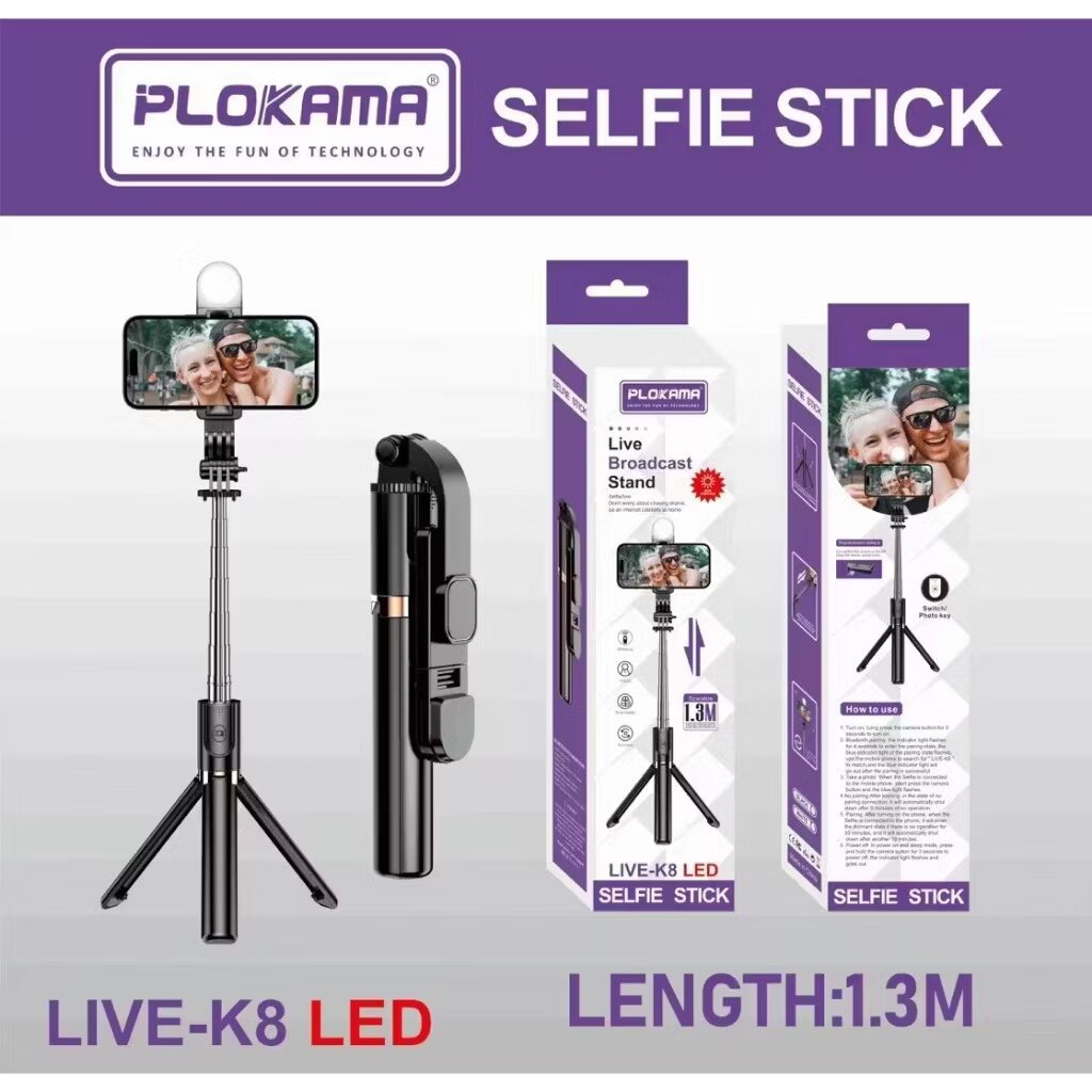 PLOKAMA K8 Bluetooth Selfie Stick & Tripod - 4-in-1 with LED
