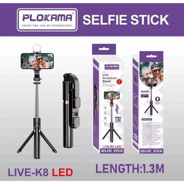 PLOKAMA K8 Bluetooth Selfie Stick & Tripod - 4-in-1 with LED