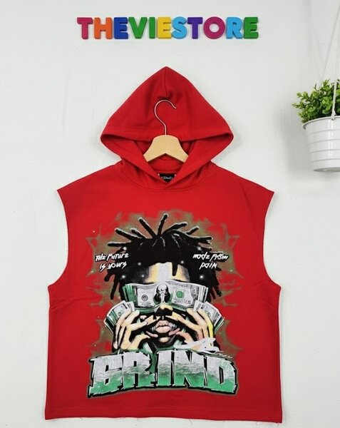 Sweat-shirt à capuche sans manches rouge avec imprimé