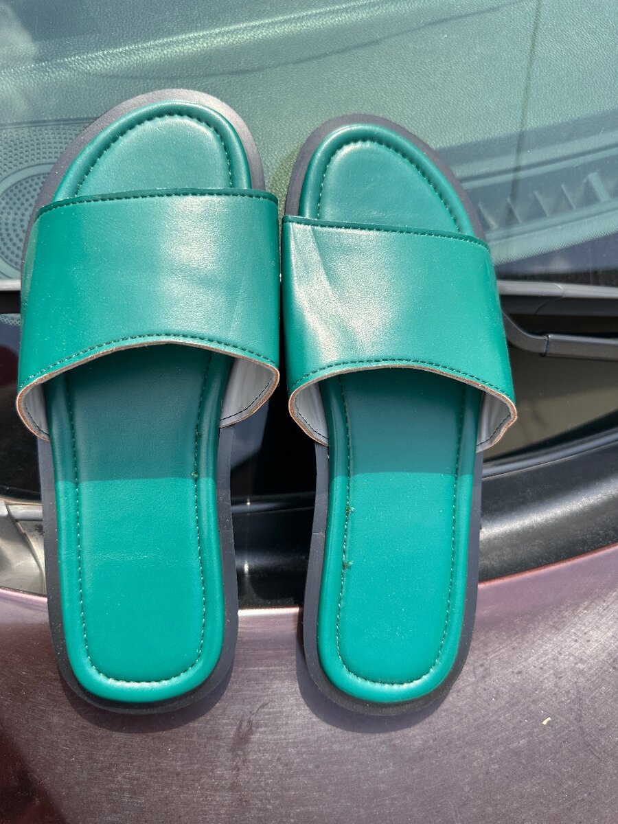 Handmade green leather slides
