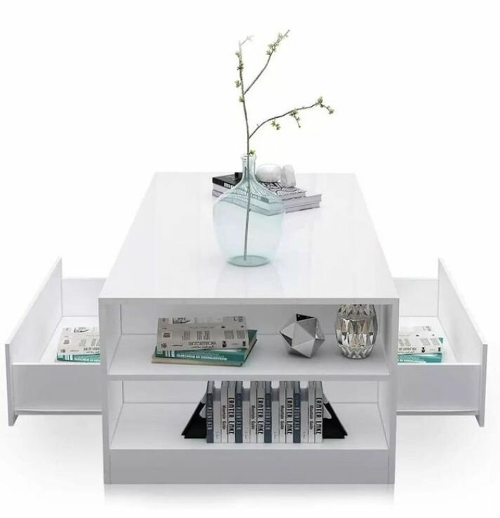 2 Drawers Wooden LED Coffee Table - White