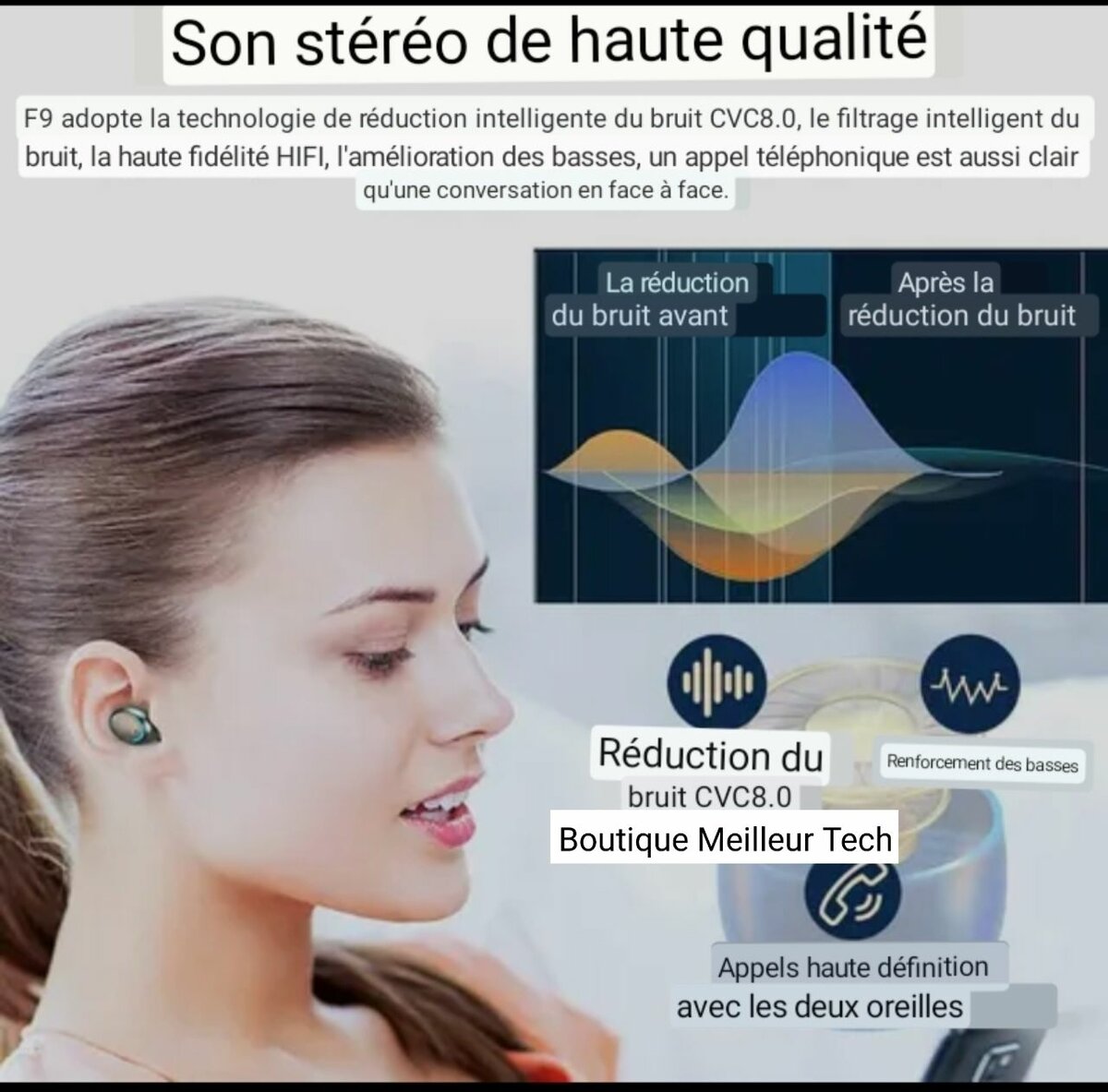 Écouteurs Bluetooth F9-5 -  Tactile - Affiche batterie