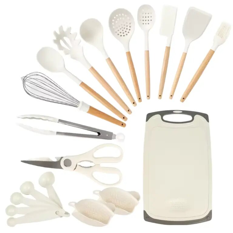 25 Pcs - Kitchenware Set Food Grade Silicone, Wooden Handles