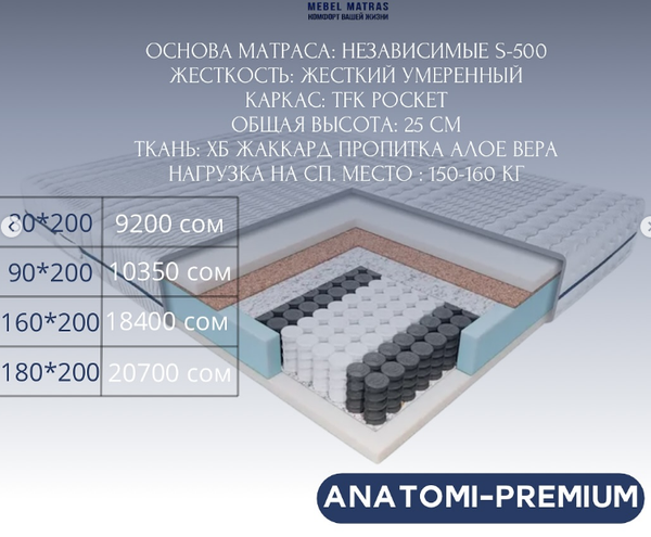 Идеальный матрас для комфортного сна – в Leader,  ANATOMI-PREMIUM размер 160*200