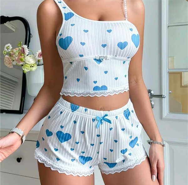 Ensemble pyjama femme blanc coeurs bleus