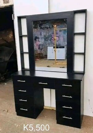 Dressing table with chest of drawers and shelves, mirror, black