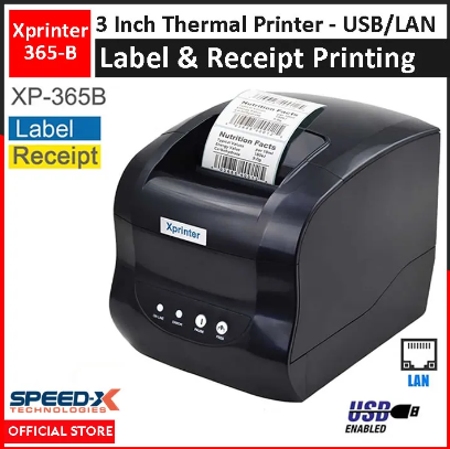 X Printer Xp-365b 3 Inch Thermal Receipt And Label Printer With Usb+Lan Interfac,127mm/S Printing Speed Black Colour