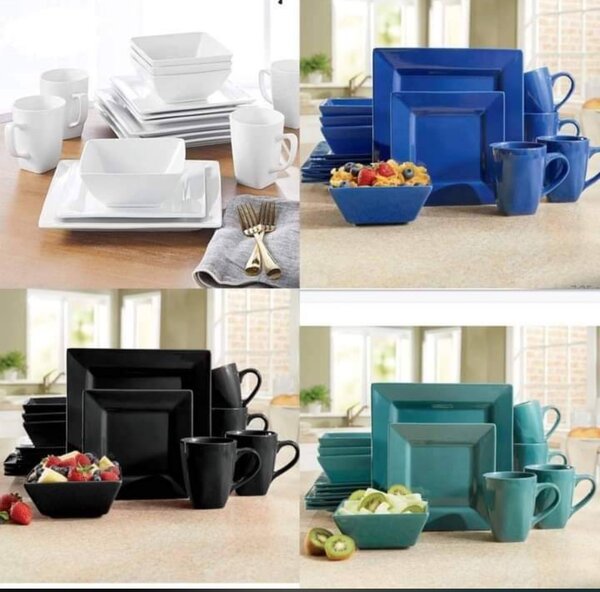 16pcs Square Dinner set white/Blue