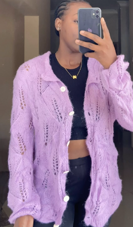 Short knitted cardigan with buttons color purple size:M