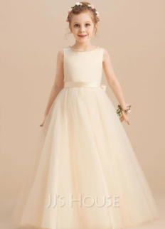 Ball-Gown/Princess Floor-length Flower Girl Dress - Silk And Net /Tulle Sleeveless Scoop Neck With Beading/Bow ( Fabric Net And Silk) ( Size 03 Month To 16 Yrs)