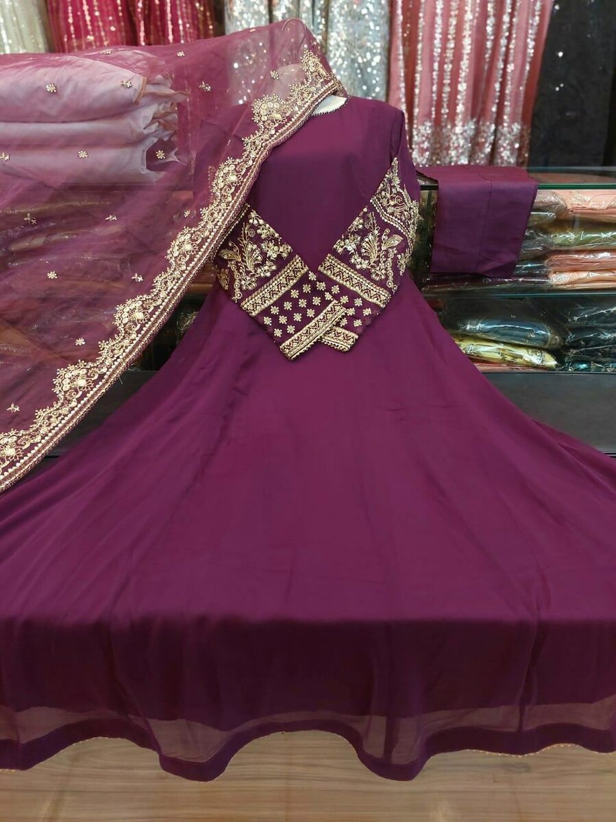Soft chiffon long frock3 pc ,