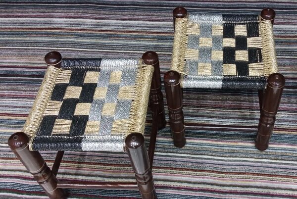 Pair of 2 Wooden Fancy Triple Stools