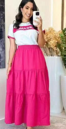 Ensemble T-shirt femme blanc et rose + jupe longue - M L XL 2Xl