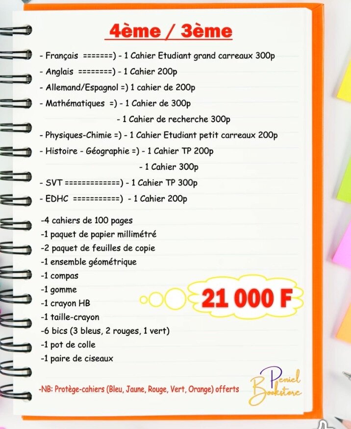 Pack de fournitures scolaires 4ème/3ème