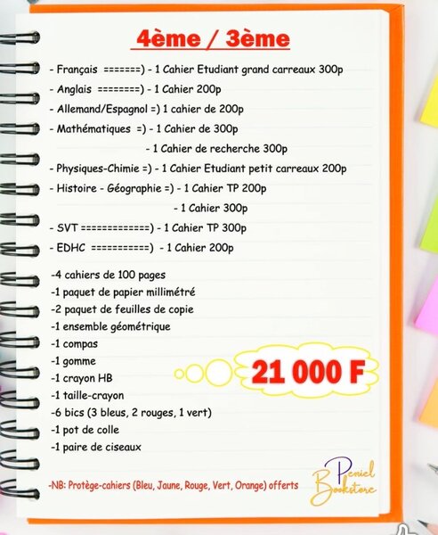 Pack de fournitures scolaires 4ème/3ème