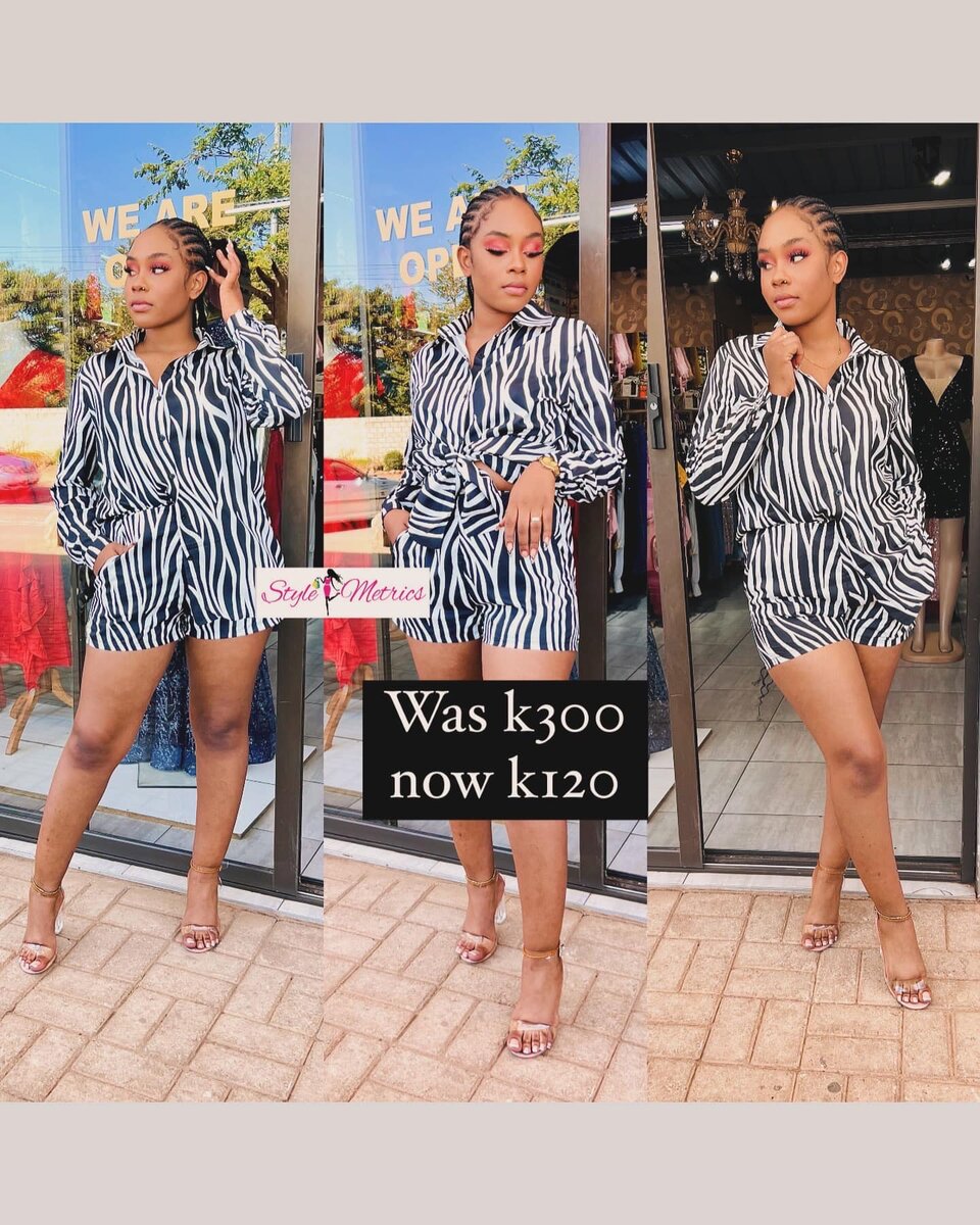 Women's suit in black and white print, shirt and shorts