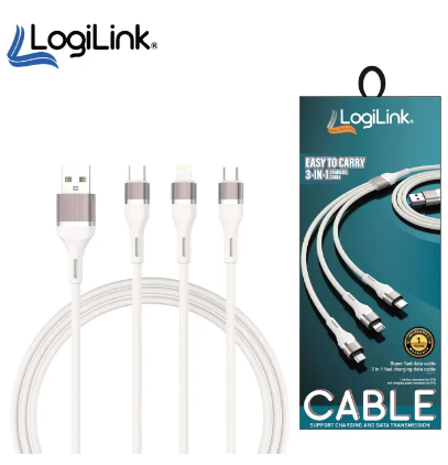 Logilink 3in1 Usb To Micro/type C/iphone Nylon Data Cable 3a Fast Charging 1m With 1 Year Warranty White