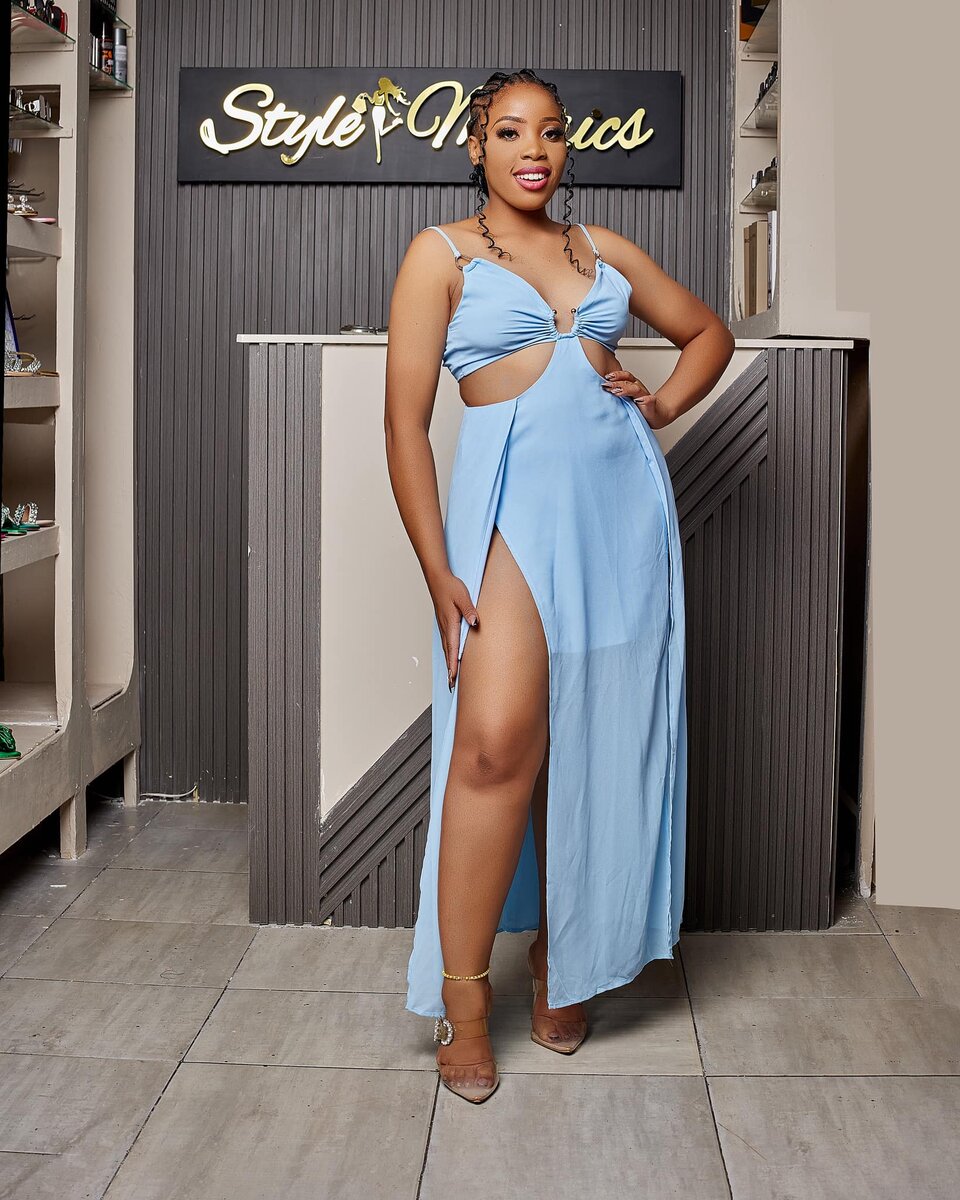 Blue chiffon women's sundress with high slits