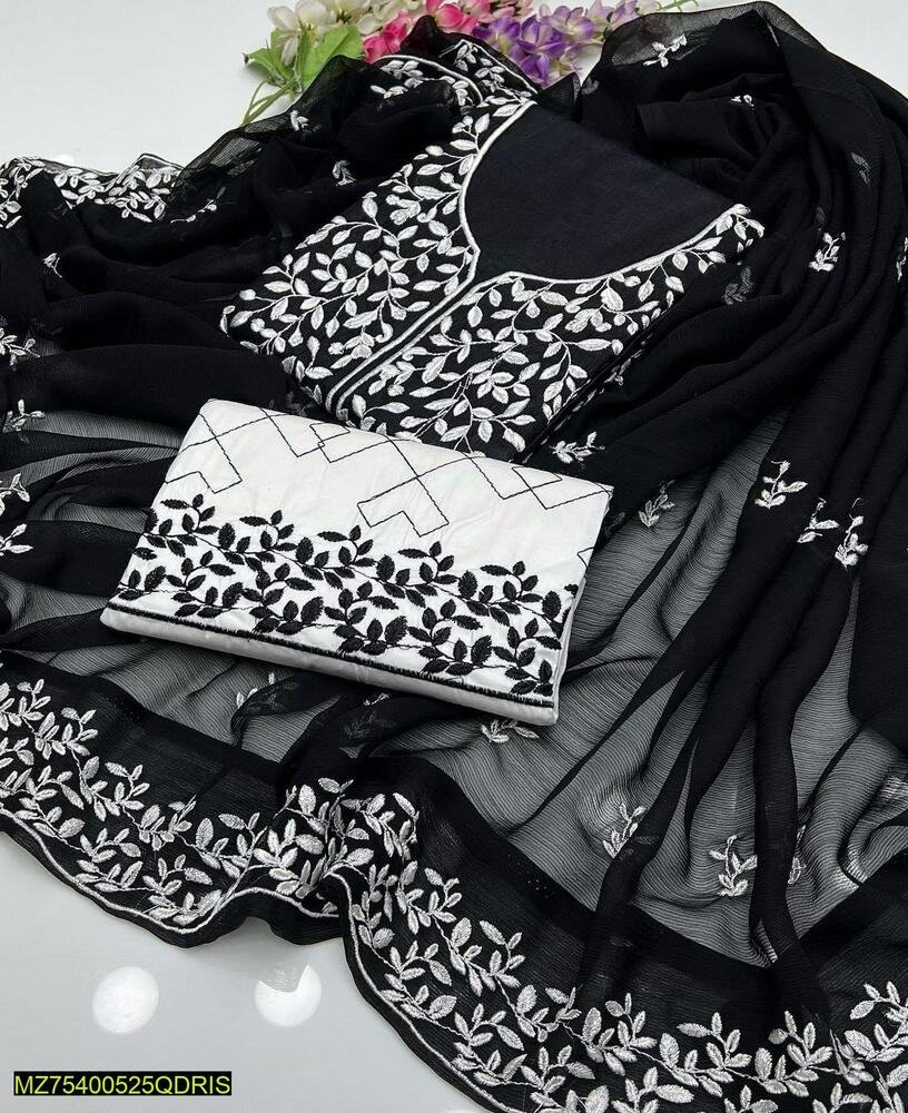 3 pcs women's unstitched Embroidered cotton suit