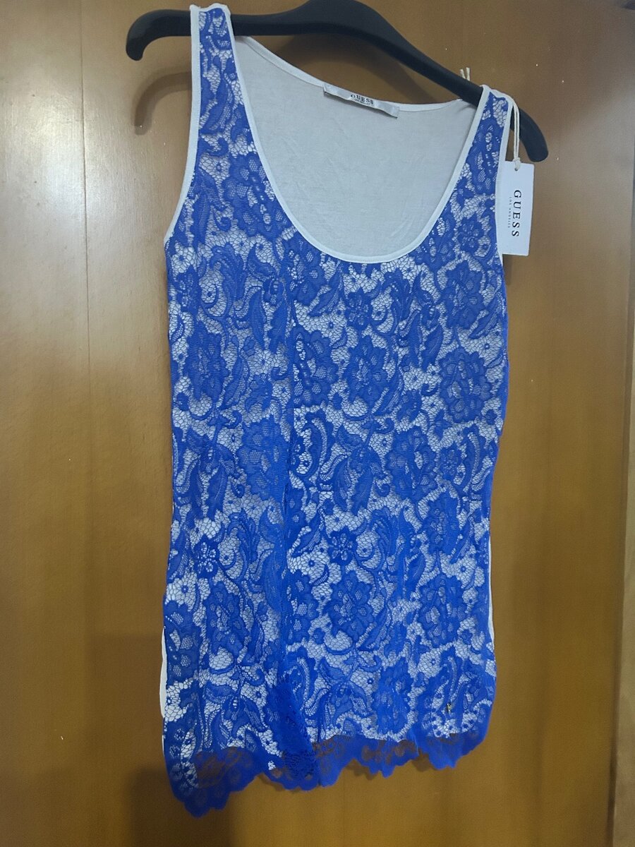 Guess White and Blue lace front vest top