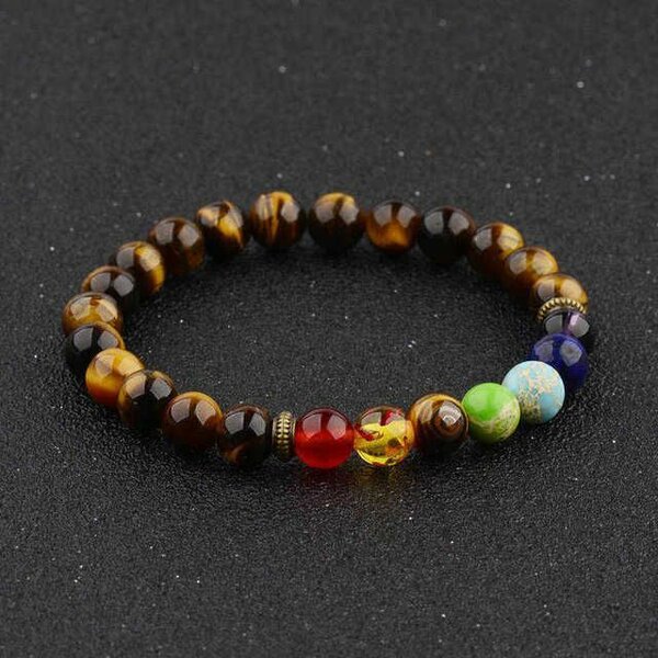 Bracelets 7 chakras dominé par l'oeil de tigre