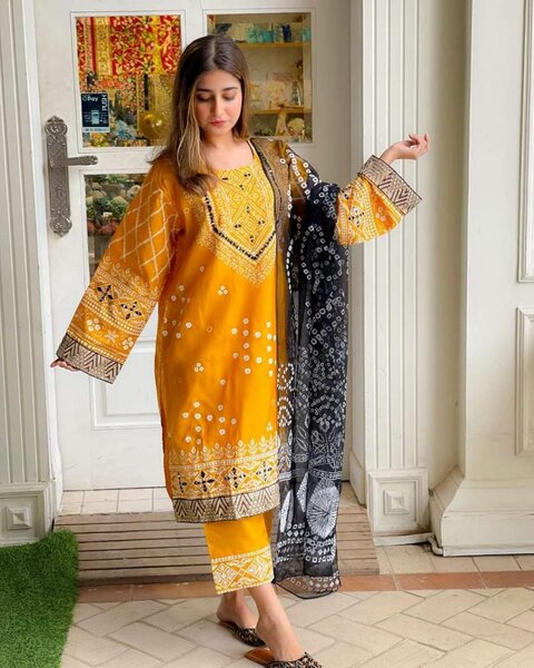 3 Pcs Woman's Stitched Katan Silk Embroidered Mirror Work