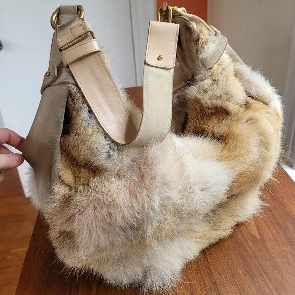 SALVATORE FERRAGAMO FUR & LEATHER SLOUCHY HOBO SHOULDER BAG