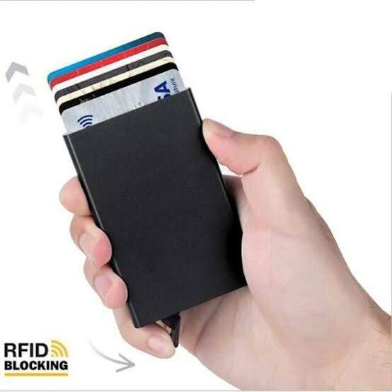 Slim metal matte black card holder with push button rfid blo