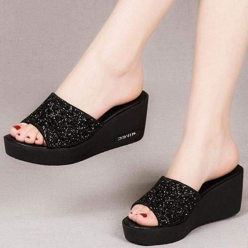 Fashion Shoes Ladies Fashion Wedge Heel Slippers - Black