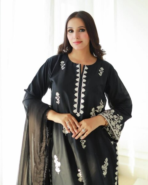 Woman's Stitched 2 Pcs Linen Embroidered Long Length  Shirt