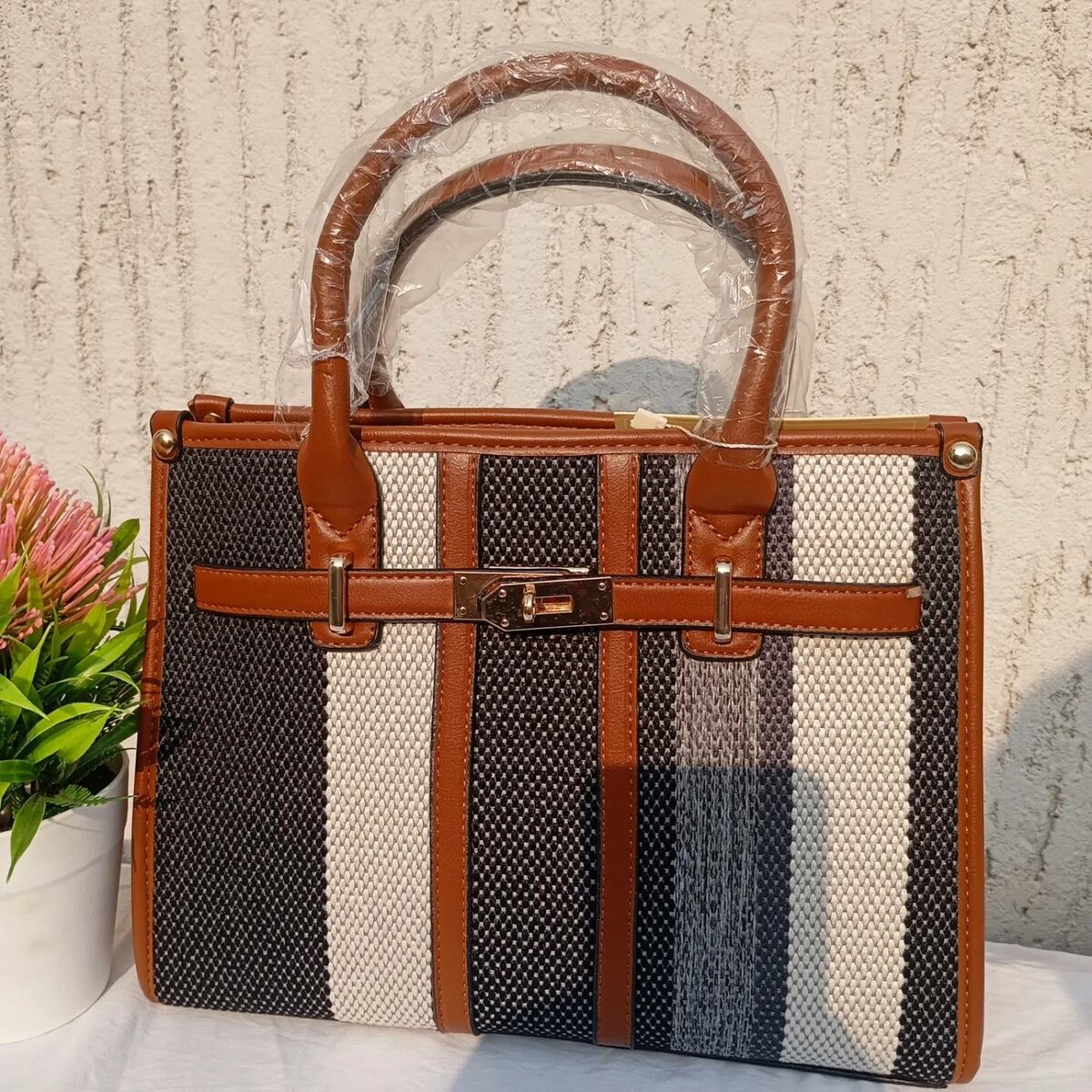 Striped handbags. With purse and long strap