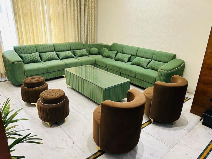 green l-shaped sofa
