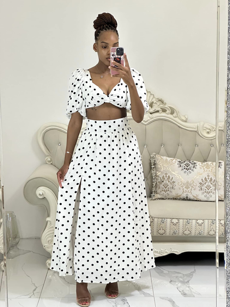 set white dotted top and skirt