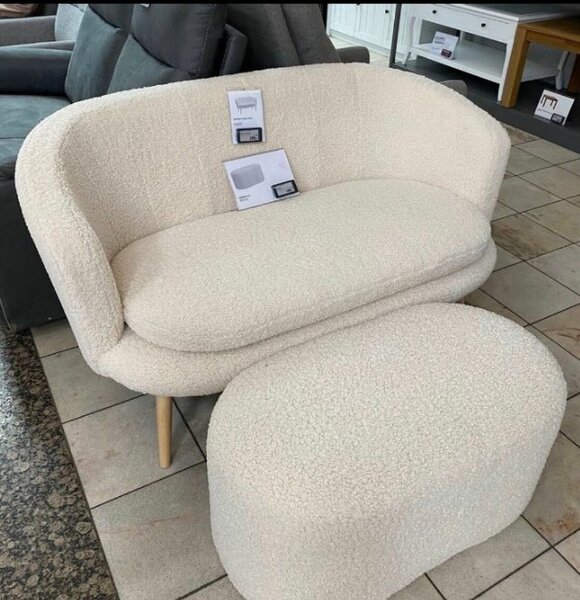 Fauteuil en Bouclé Crème avec Ottoman