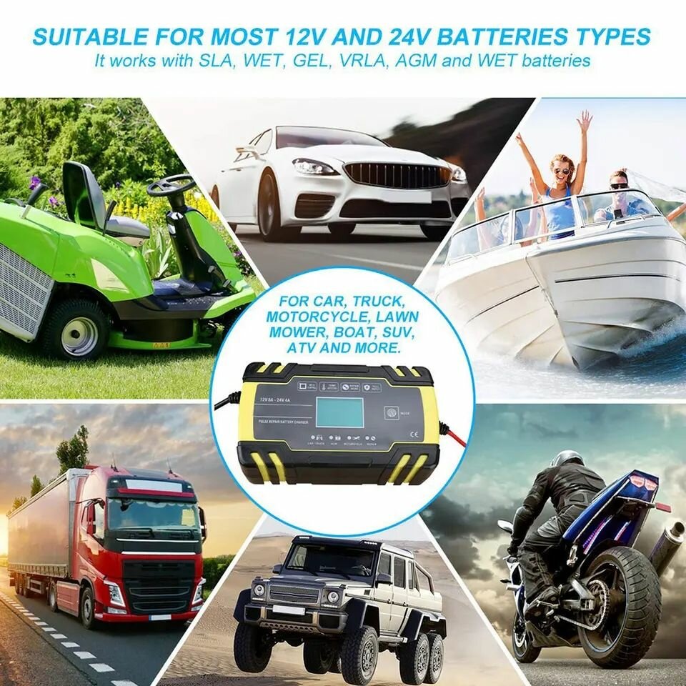 Car Battery Charger 12v-24v, Intelligent Pulse Repair, LCD